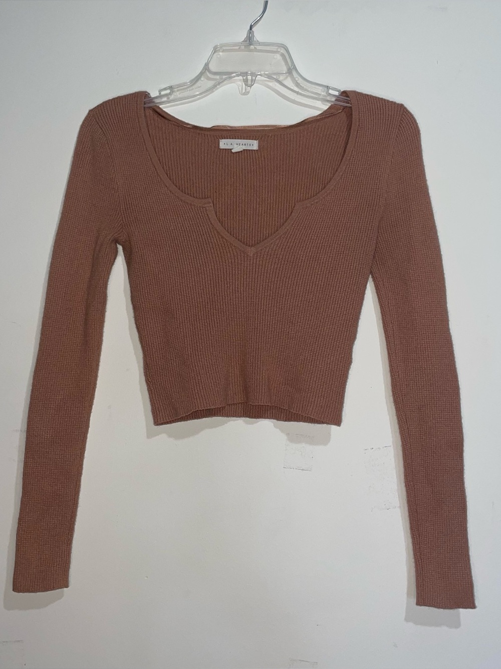 LA Hearts Slit Neck Knit Long Sleeve Cropped S Ribbed Brown Pullover Top
